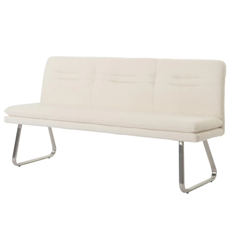 Banc de salle à manger banquette rembourrée avec dossier en tissu bouclé crème et acier inoxydable brossé longueur 180 cm 04_0005853