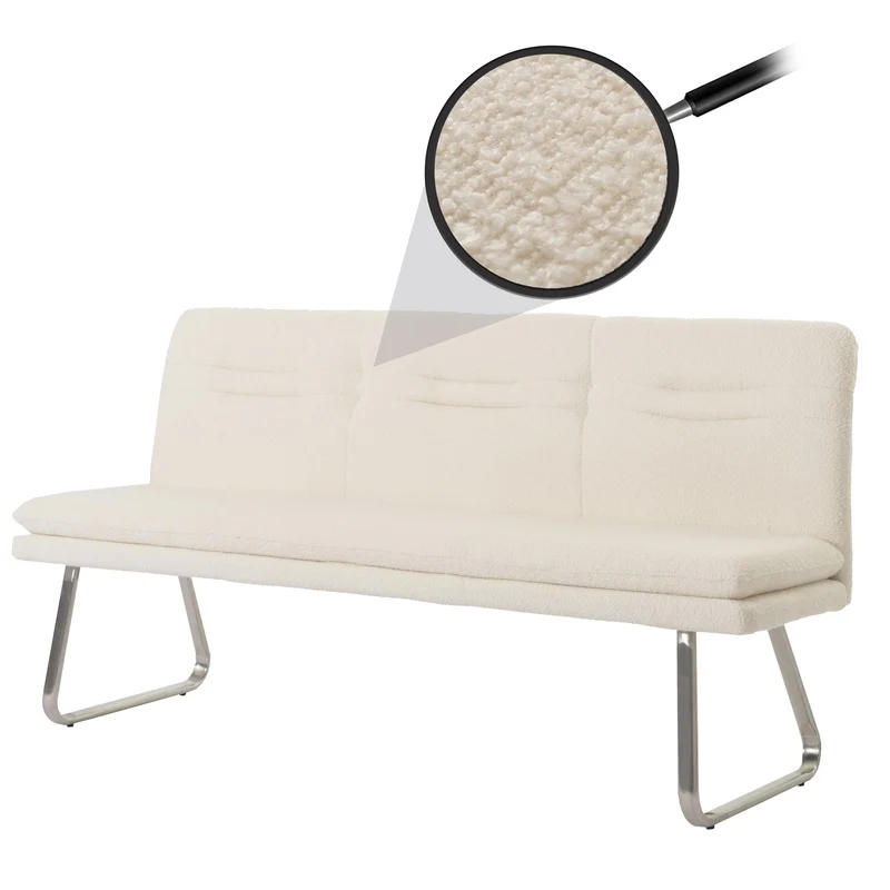 Banc de salle à manger banquette rembourrée avec dossier en tissu bouclé crème et acier inoxydable brossé longueur 180 cm 04_0005853