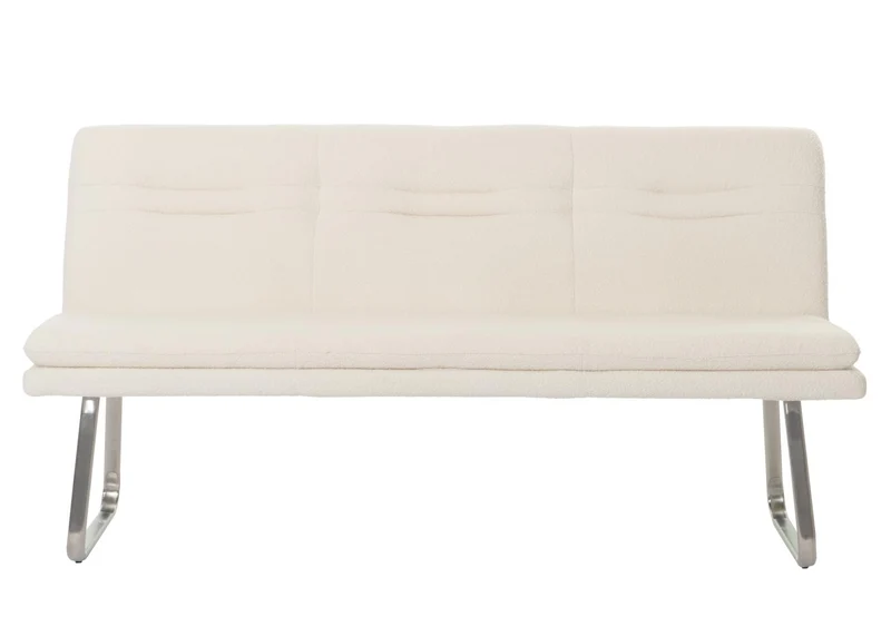 Banc de salle à manger banquette rembourrée avec dossier en tissu bouclé crème et acier inoxydable brossé longueur 180 cm 04_0005853
