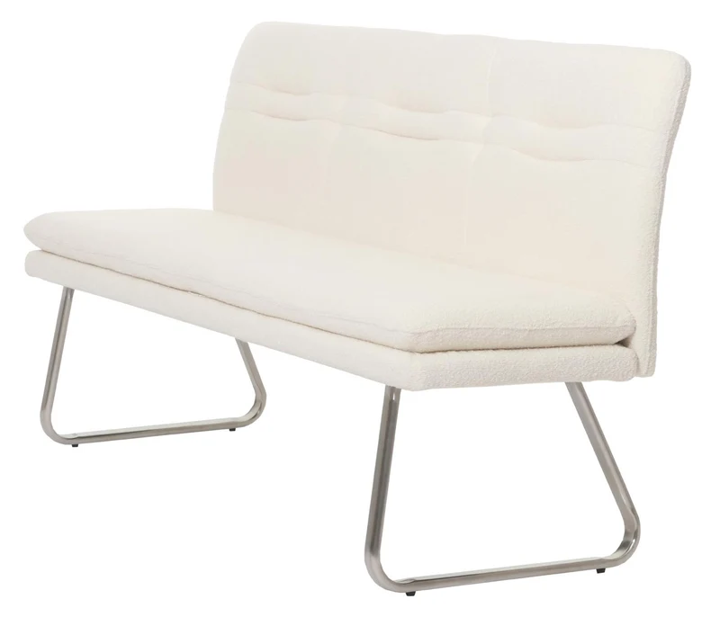 Banc de salle à manger banquette rembourrée avec dossier en tissu bouclé crème et acier inoxydable brossé longueur 180 cm 04_0005853