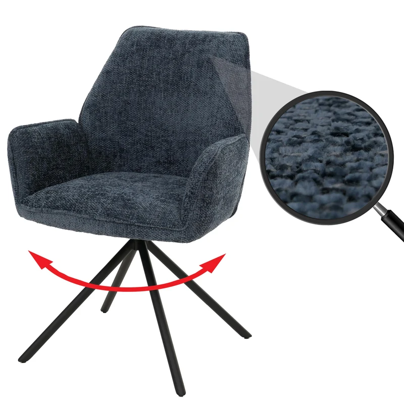 Chaise de salle à manger pivotante avec accoudoirs fonction Auto-Position 180° en chenille bleu piètement métal 04_0009237