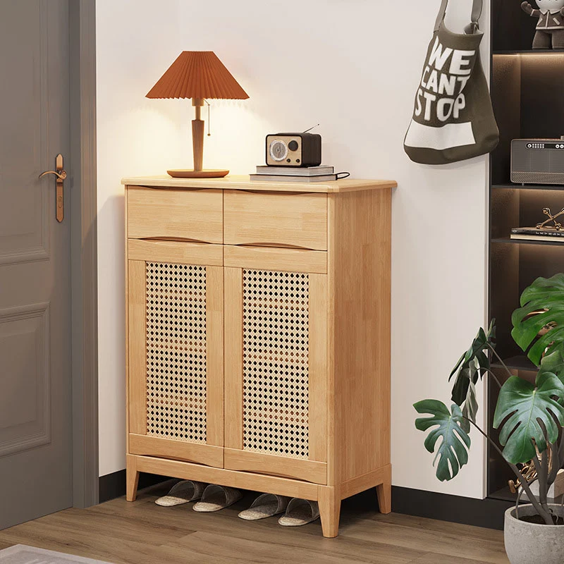 Modern Minimalist Rubberwood Multi-Layer Wood Panel Faux Rattan Rectangular Shoe Storage 3-Tier For Entryway