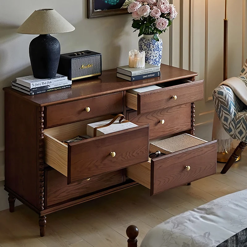 Traditional French Ash Wood Plywood Rectangular Storage Cabinet 6-Drawer For Bedroom & Living Room