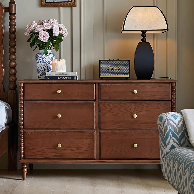 Traditional French Ash Wood Plywood Rectangular Storage Cabinet 6-Drawer For Bedroom & Living Room