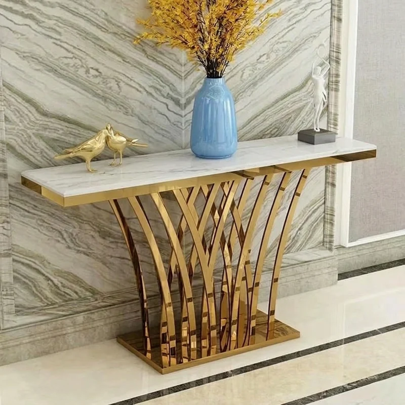 Modern Luxury Stainless Steel Artificial Marble Rectangular Console Table For Entryway