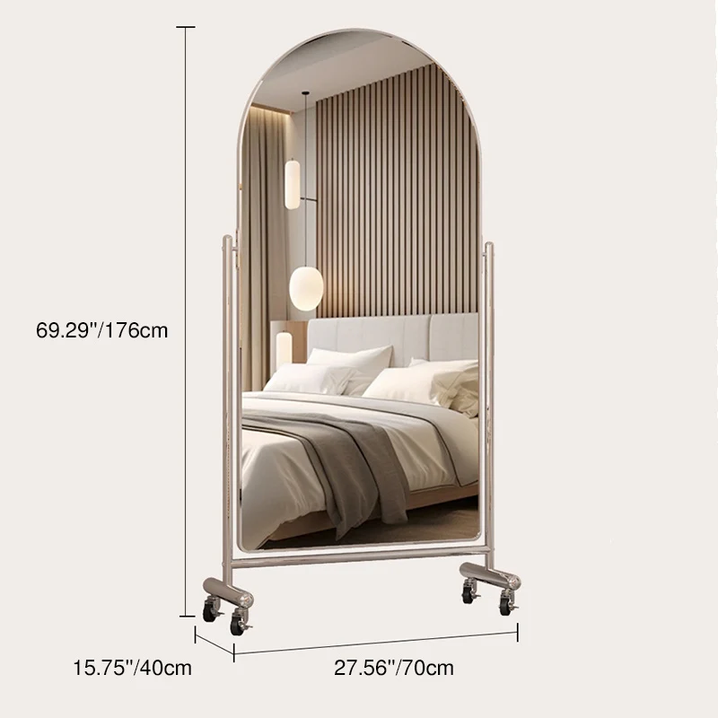 Modern Minimalist Stainless Steel Glass Oval Movable Full-Length Floor Mirror Adjustable Slimming Design For Living Room & Bedroom