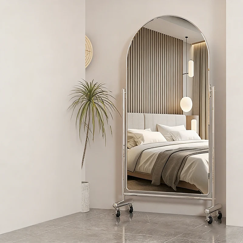 Modern Minimalist Stainless Steel Glass Oval Movable Full-Length Floor Mirror Adjustable Slimming Design For Living Room & Bedroom
