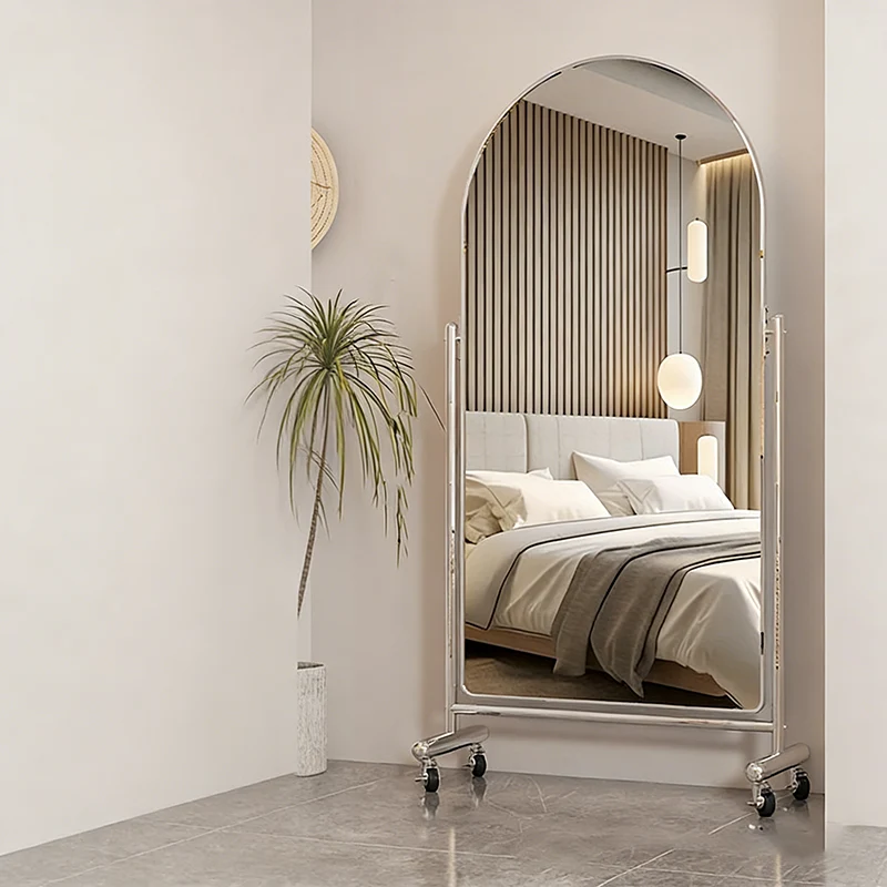 Modern Minimalist Stainless Steel Glass Oval Movable Full-Length Floor Mirror Adjustable Slimming Design For Living Room & Bedroom