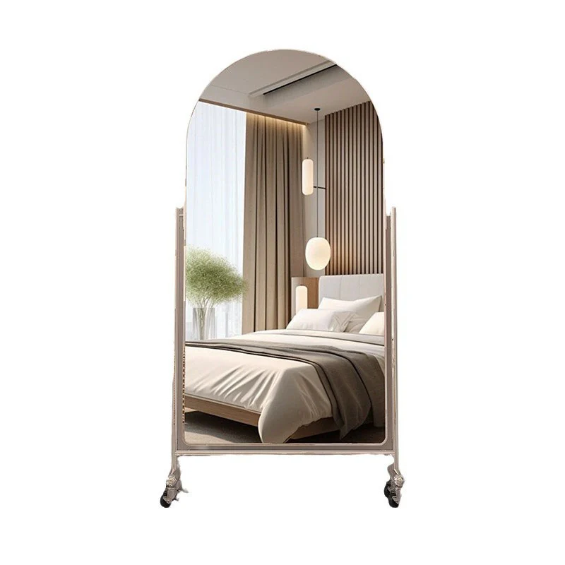 Modern Minimalist Stainless Steel Glass Oval Movable Full-Length Floor Mirror Adjustable Slimming Design For Living Room & Bedroom