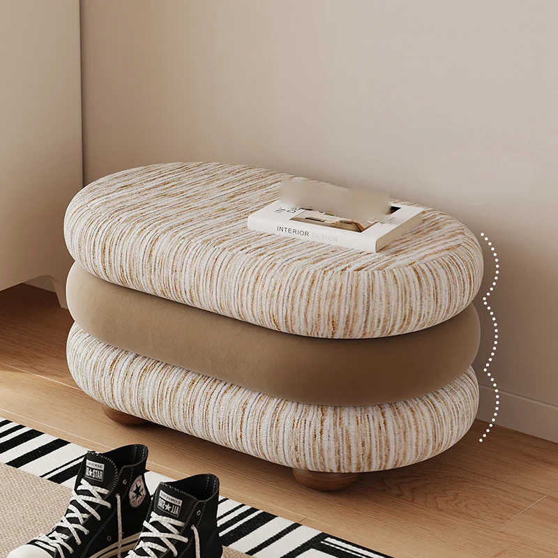 Contemporary Scandinavian Chenille Jacquard Fabric Brushed Fleece Sponge Pine Wood Oval Bench Backless Armless For Entryway & Hallway