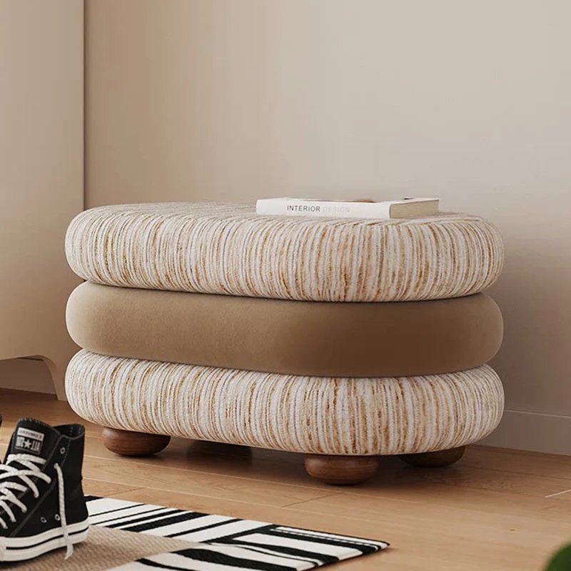 Contemporary Scandinavian Chenille Jacquard Fabric Brushed Fleece Sponge Pine Wood Oval Bench Backless Armless For Entryway & Hallway