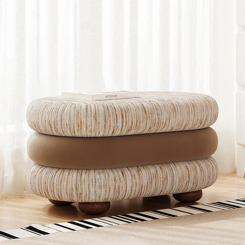 Contemporary Scandinavian Chenille Jacquard Fabric Brushed Fleece Sponge Pine Wood Oval Bench Backless Armless For Entryway & Hallway