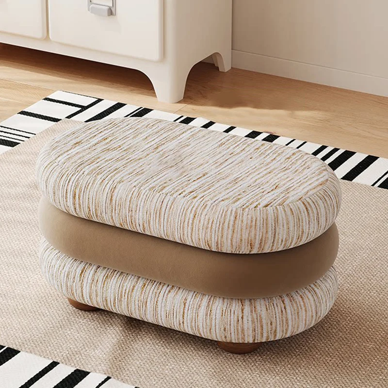 Contemporary Scandinavian Chenille Jacquard Fabric Brushed Fleece Sponge Pine Wood Oval Bench Backless Armless For Entryway & Hallway