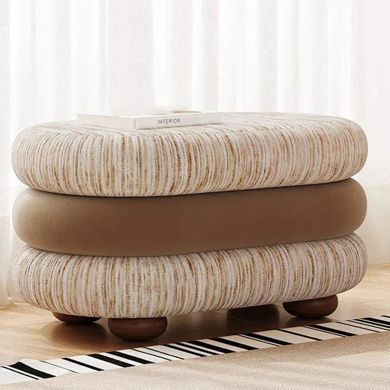 Contemporary Scandinavian Chenille Jacquard Fabric Brushed Fleece Sponge Pine Wood Oval Bench Backless Armless For Entryway & Hallway