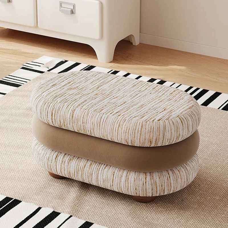 Contemporary Scandinavian Chenille Jacquard Fabric Brushed Fleece Sponge Pine Wood Oval Bench Backless Armless For Entryway & Hallway