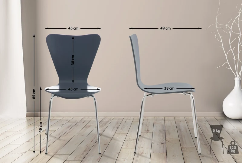 Chaise de cuisine salle à manger x1 empilable dossier triangle en bois gris et métal chromé 10_0003330