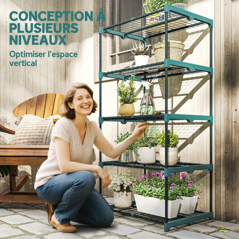 Étagère à plantes 5 niveaux balcon salon 67 x 49 x 138 cm gain de place montage facile design épuré en acier vert foncé 21_0005584