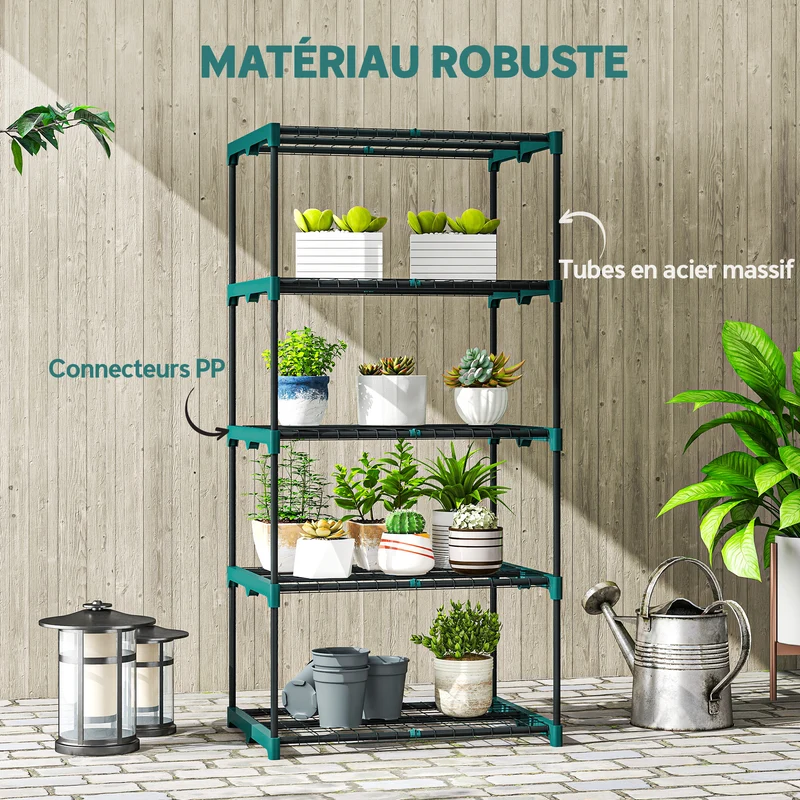 Étagère à plantes 5 niveaux balcon salon 67 x 49 x 138 cm gain de place montage facile design épuré en acier vert foncé 21_0005584