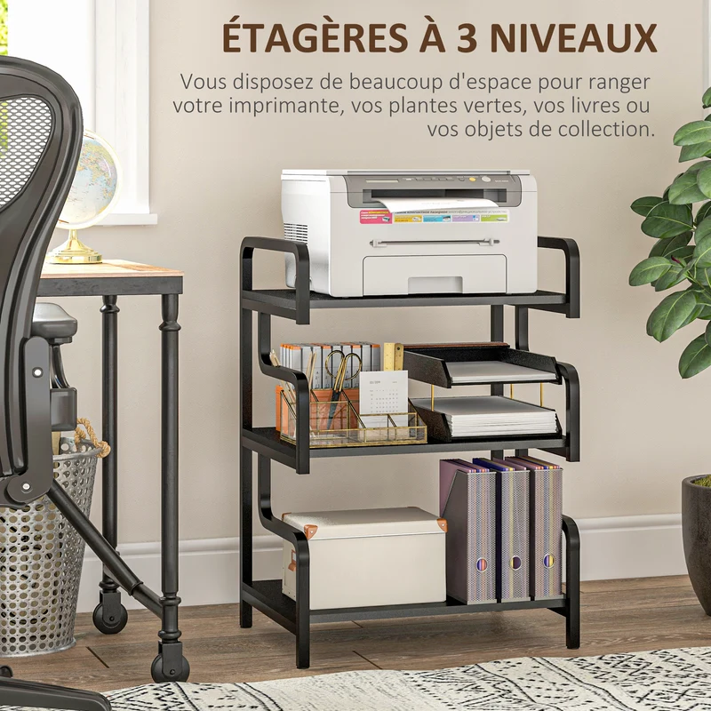 Étagère de rangement 3 niveaux salon bureau cuisine 55 x 40 x 77 cm charge 60 kg style industriel épuré en acier noir 21_0002935