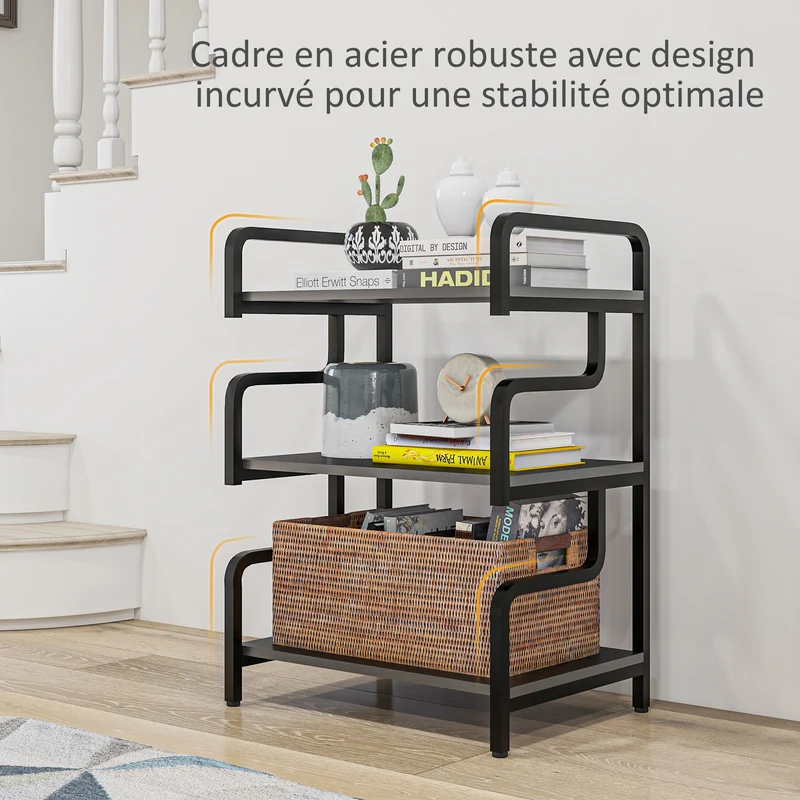 Étagère de rangement 3 niveaux salon bureau cuisine 55 x 40 x 77 cm charge 60 kg style industriel épuré en acier noir 21_0002935