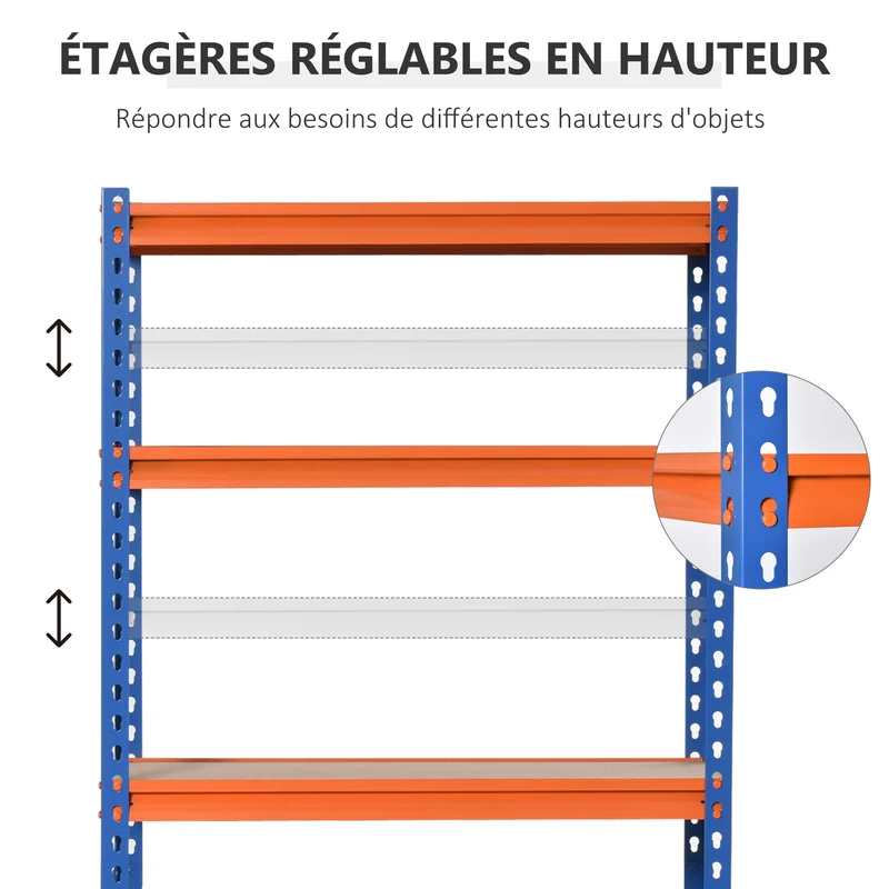 Étagère de garage 5 niveaux 80 x 40 x 182 cm charge 1500 kg étagères réglables industriel antibasculement en acier bleu 21_0006380