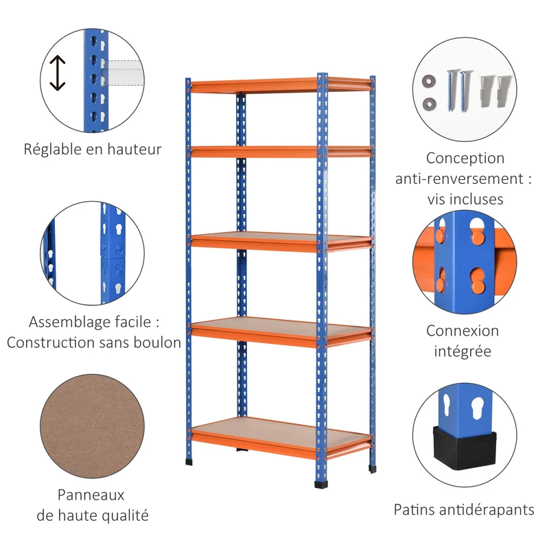 Étagère de garage 5 niveaux 80 x 40 x 182 cm charge 1500 kg étagères réglables industriel antibasculement en acier bleu 21_0006380