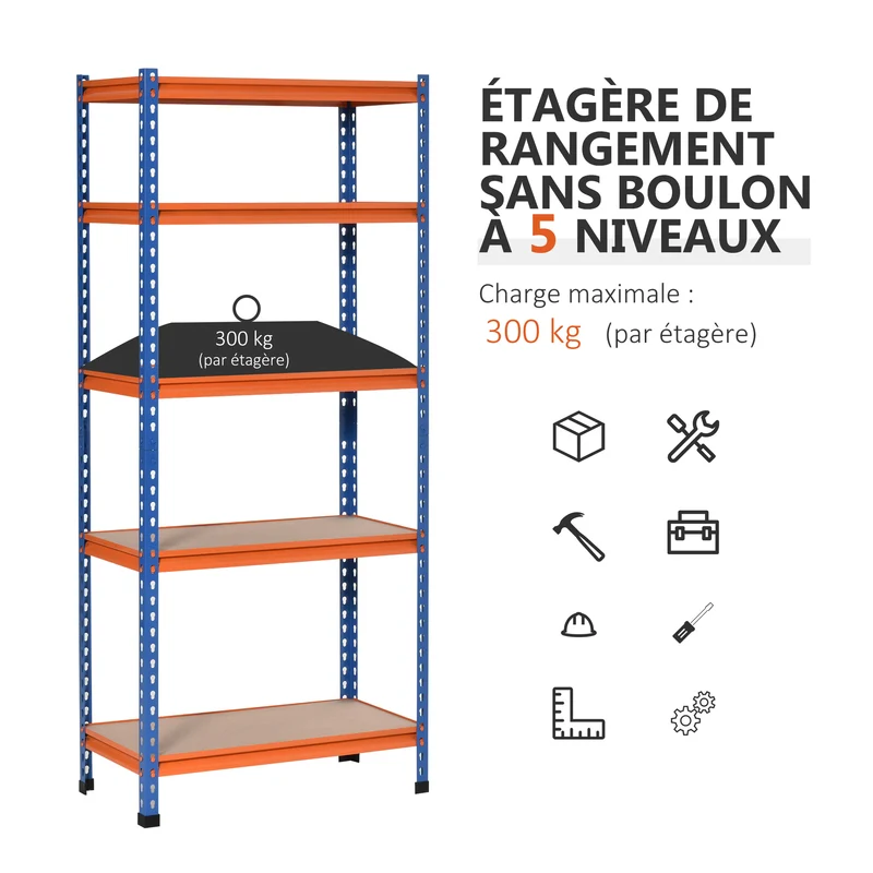 Étagère de garage 5 niveaux 80 x 40 x 182 cm charge 1500 kg étagères réglables industriel antibasculement en acier bleu 21_0006380