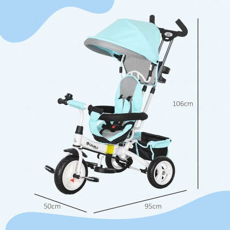 Tricycle évolutif poussette 95 x 50 x 106 cm assise sécurisée ceinture 5 points auvent amovible design en plastique vert 21_0000433