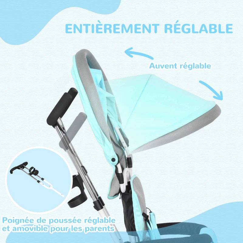 Tricycle évolutif poussette 95 x 50 x 106 cm assise sécurisée ceinture 5 points auvent amovible design en plastique vert 21_0000433