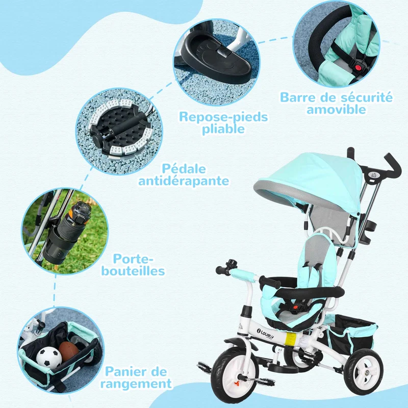 Tricycle évolutif poussette 95 x 50 x 106 cm assise sécurisée ceinture 5 points auvent amovible design en plastique vert 21_0000433
