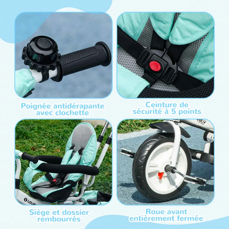 Tricycle évolutif poussette 95 x 50 x 106 cm assise sécurisée ceinture 5 points auvent amovible design en plastique vert 21_0000433