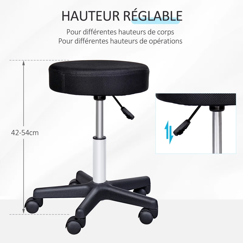 Tabouret de massage 35 x 35 x 42-54 cm hauteur réglable assise rembourrée moderne épuré salon cabinet pro en PU noir 21_0000841