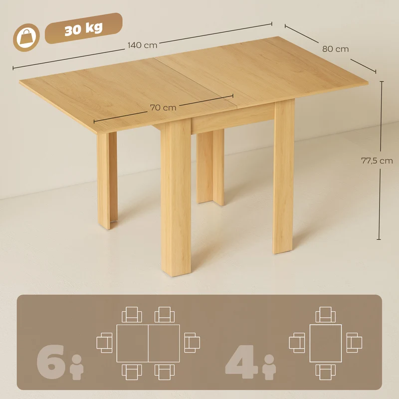 Table à manger extensible rectangulaire 140 x 80 x 77,5 cm allonge compacte moderne en panneau de particules bois naturel 21_0003374