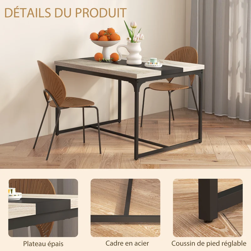 Table de salle à manger pour 6 personnes 120 x 89 x 75.5 cm plateau épais patins réglables industriel épuré en MDF noir 21_0003234
