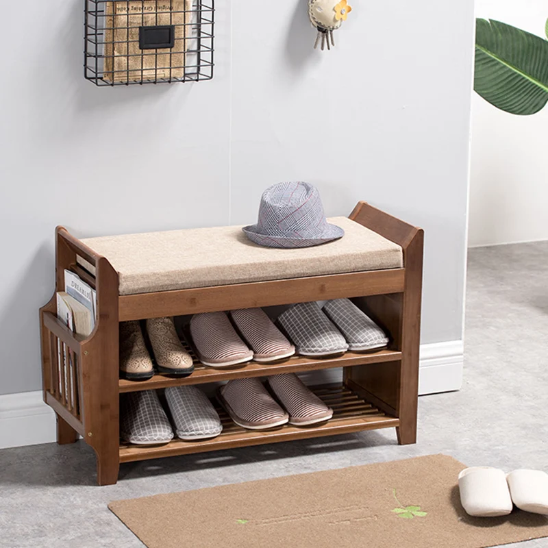 Traditional Vintage Bamboo Fabric Rectangular Entryway Shoe Bench 3-Tier Storage With Drawer For Entryway