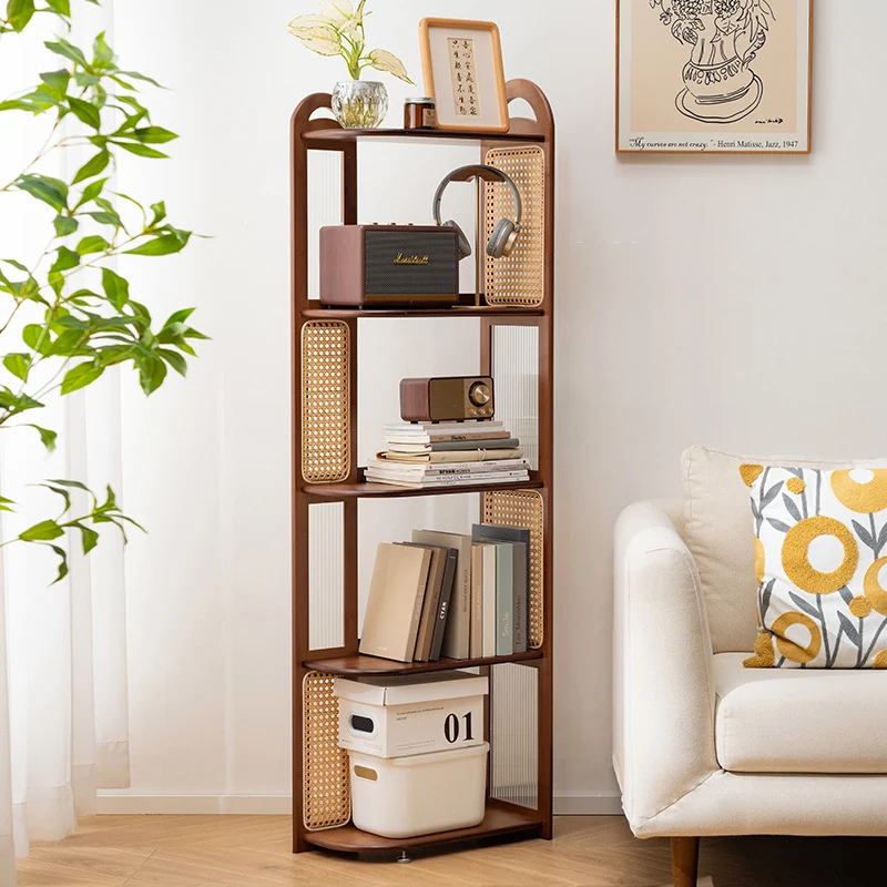 Traditional Vintage Bamboo Acrylic Resin Rattan Weaving Rectangular Corner Shelf Unit With 4/5 Tier Space-Saving Storage Rack For Living Room