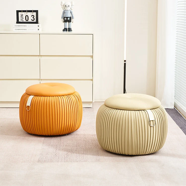 Contemporary Scandinavian Faux Leather Sponge Plywood Pumpkin-Shaped Multi-Use Storage Low Stool Backless Armless For Living Room & Entryway
