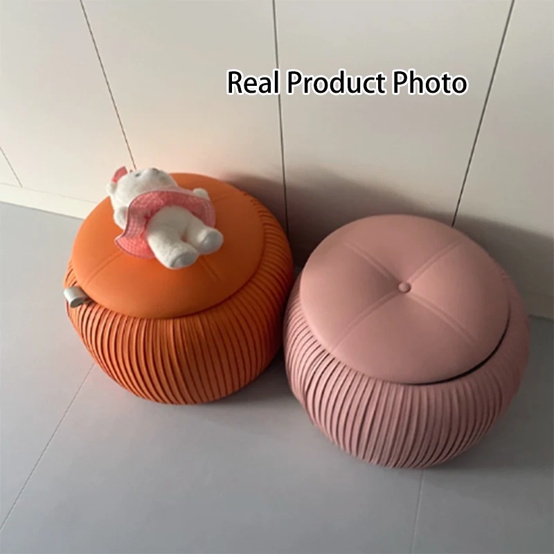 Contemporary Scandinavian Faux Leather Sponge Plywood Pumpkin-Shaped Multi-Use Storage Low Stool Backless Armless For Living Room & Entryway