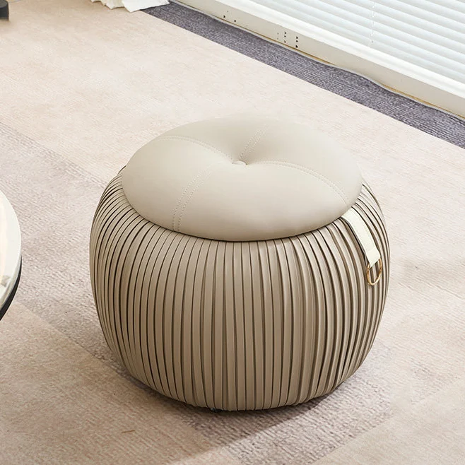Contemporary Scandinavian Faux Leather Sponge Plywood Pumpkin-Shaped Multi-Use Storage Low Stool Backless Armless For Living Room & Entryway