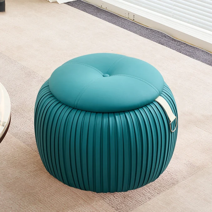 Contemporary Scandinavian Faux Leather Sponge Plywood Pumpkin-Shaped Multi-Use Storage Low Stool Backless Armless For Living Room & Entryway