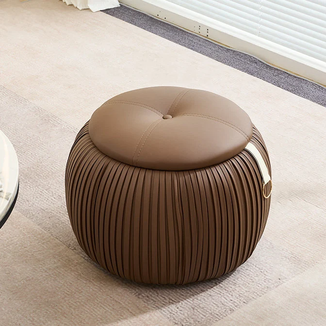 Contemporary Scandinavian Faux Leather Sponge Plywood Pumpkin-Shaped Multi-Use Storage Low Stool Backless Armless For Living Room & Entryway
