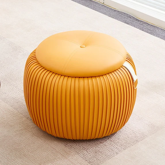 Contemporary Scandinavian Faux Leather Sponge Plywood Pumpkin-Shaped Multi-Use Storage Low Stool Backless Armless For Living Room & Entryway