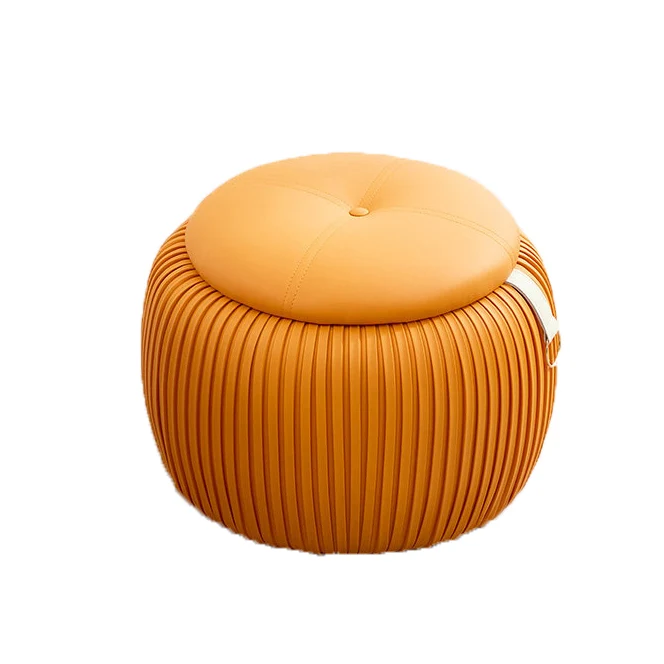 Contemporary Scandinavian Faux Leather Sponge Plywood Pumpkin-Shaped Multi-Use Storage Low Stool Backless Armless For Living Room & Entryway