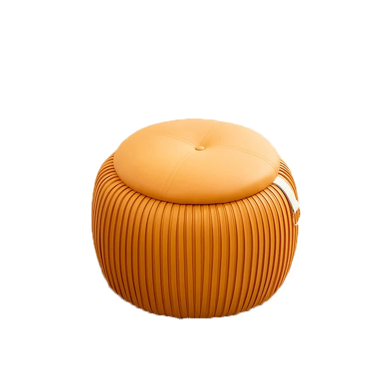 Contemporary Scandinavian Faux Leather Sponge Plywood Pumpkin-Shaped Multi-Use Storage Low Stool Backless Armless For Living Room & Entryway