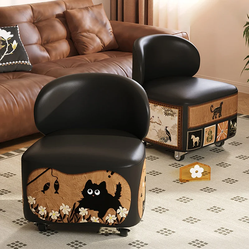 Modern Minimalist Faux Leather Plywood Curved-Edge Rectangular Movable Low Stool Backrest Armless For Living Room & Entryway