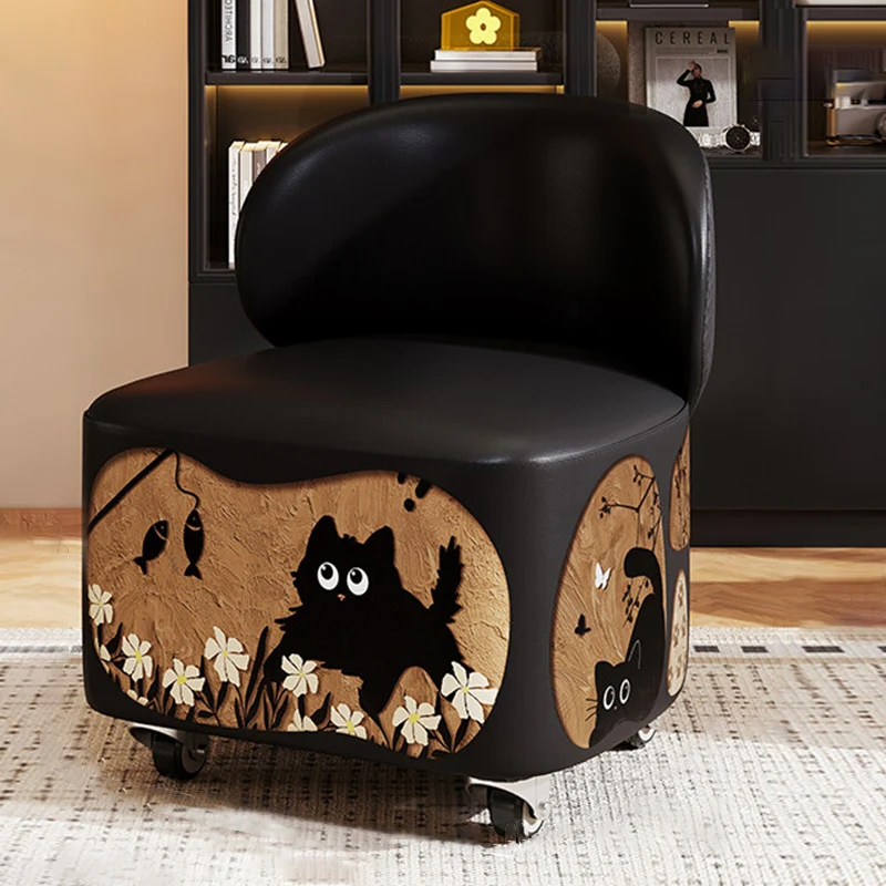 Modern Minimalist Faux Leather Plywood Curved-Edge Rectangular Movable Low Stool Backrest Armless For Living Room & Entryway