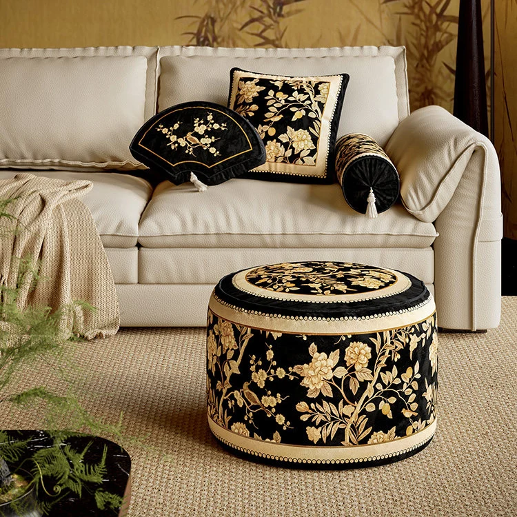 Traditional Rustic Short Plush Velvet EPP Cylindrical Lightweight Removable Cover Low Stool Backless Armless For Living Room & Bedroom