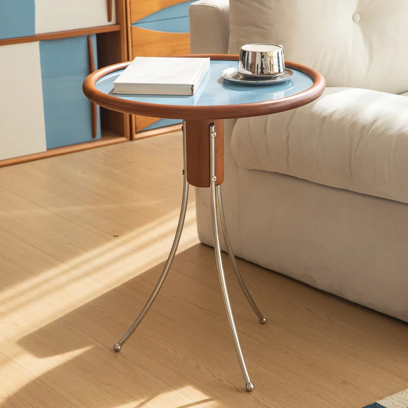 Modern Minimalist Cherry Wood Plywood Stainless Steel Jellyfish-Shaped End Table 1-Tier For Living Room