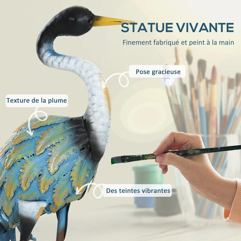 Statue de jardin héron décoratif 28 x 17 x 63 cm traitée anticorrosion durable piquets en u inclus rustique en métal gris 21_0005681