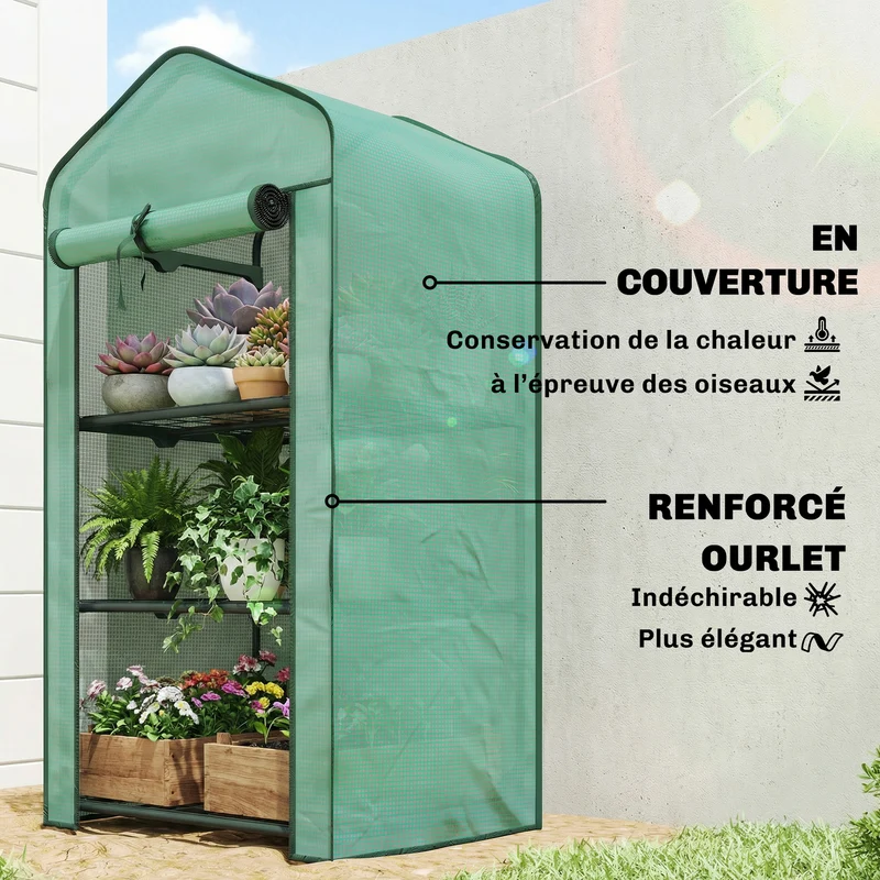 Serre de jardin compacte 3 étagères balcon 59 x 39 x 127 cm protection anti uv aération style moderne en plastique vert 21_0005439